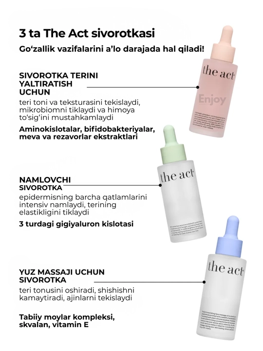 Сыворотка для кожи лица The Act, увлажняющая, очищающая, для сияния, подарочный набор
