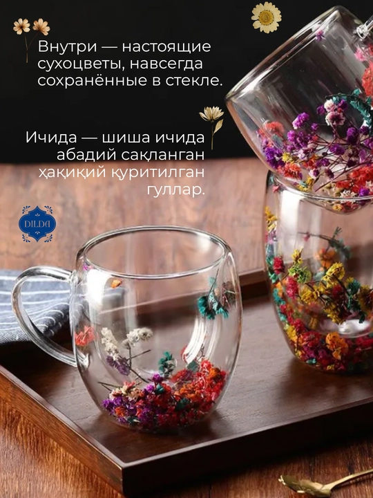 Sovg‘alik shaffof shisha krujka, ikki qavat devorli, issiqqa chidamli