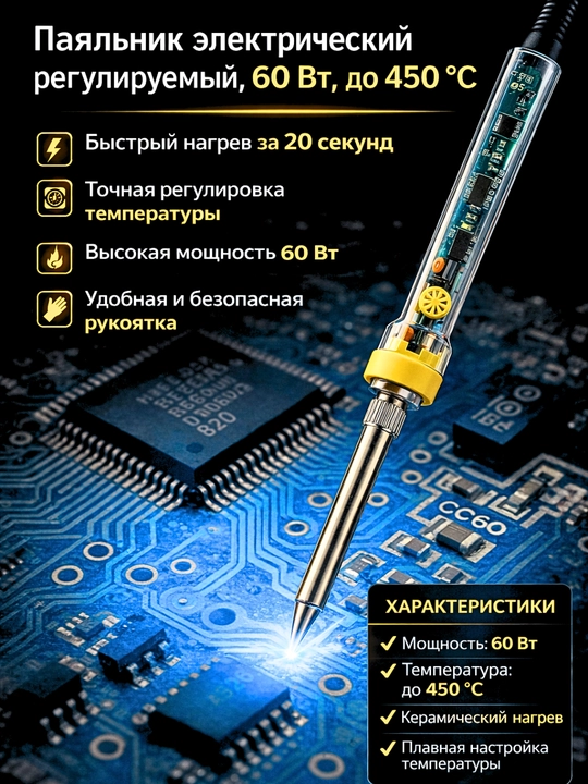 Паяльник электрический регулируемый, 60 Вт, до 450 °C - 