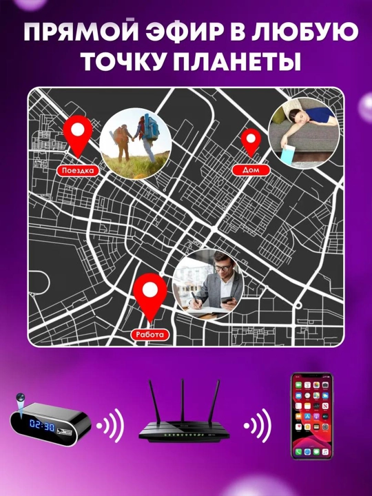 Mini kamera, budilnik 4K, simsiz ulanish, WI-Fi, tunggi kuzatuv, aqlli soat