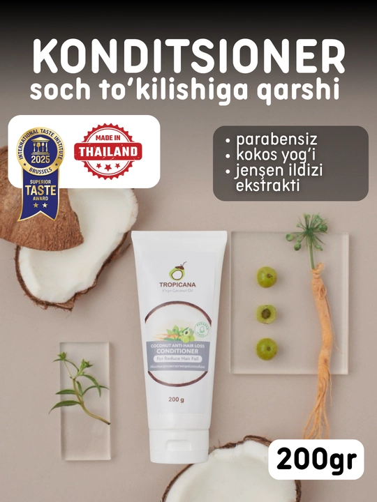 Sochlar uchun Tropicana kokos yog'i konditsioneri, soch to'kilishiga qarshi, 200 g - 