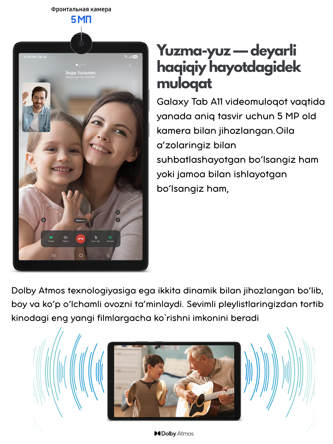 Samsung Galaxy Tab A11 plansheti, 8.7," 1340x800 (WXGA+), TFT, 90 Gs, 2 TB gacha MicroSD, 5100 mA·soat