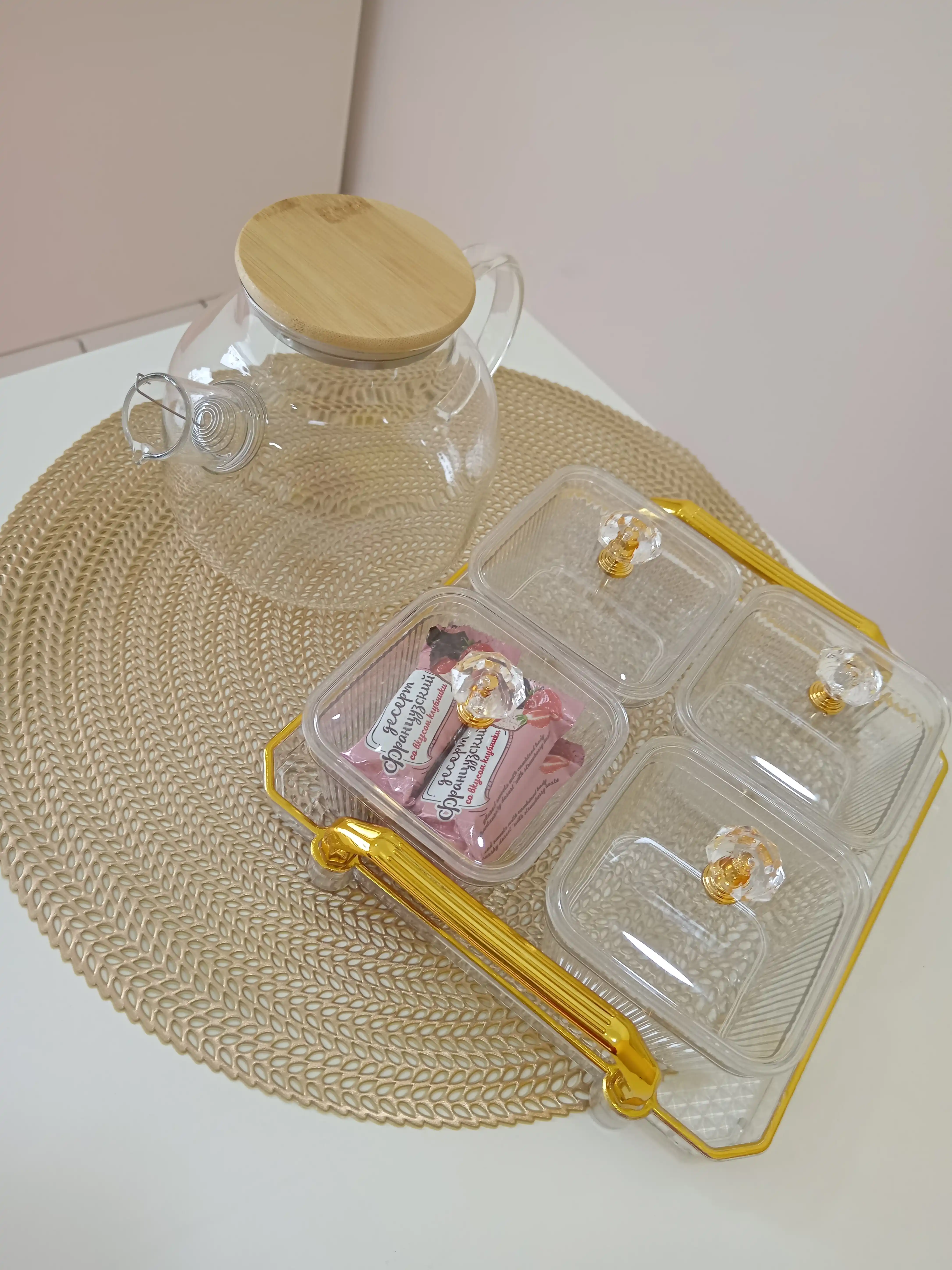 Чайник заварочный, стеклянный, с бамбуковой крышкой и ситечком