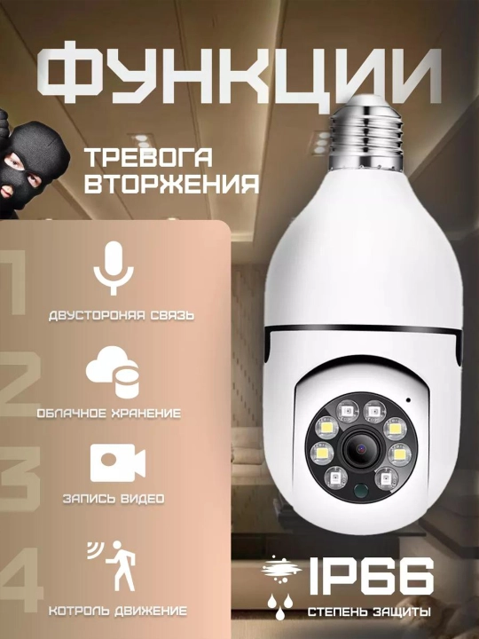 Aqlli simsiz mini kamera lampochka, WI Fi, 360 gradus, Tunggi ko'rish, FULL HD