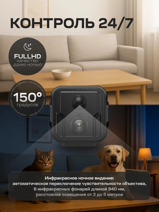 Simsiz mini kamera Full HD 24/7 videokuzatuv Wi Fi, tungi suratga olish; ovozli aloqa