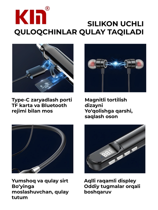 Simsiz quloqchin KIN KL112 neckband bluetooth 48 soat batareya sport naushnik
