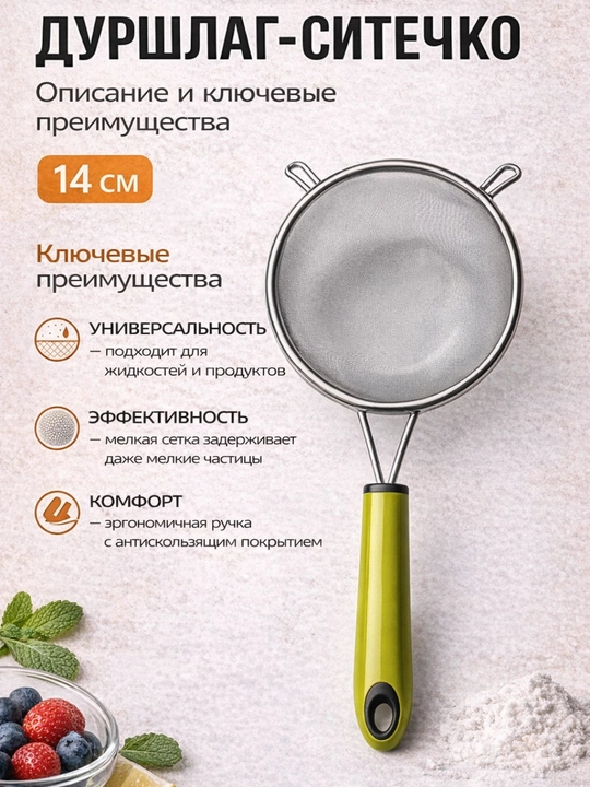Дуршлаг, сито стальное с ободком, сито с ручкой, для кухни, дополнительное крепление