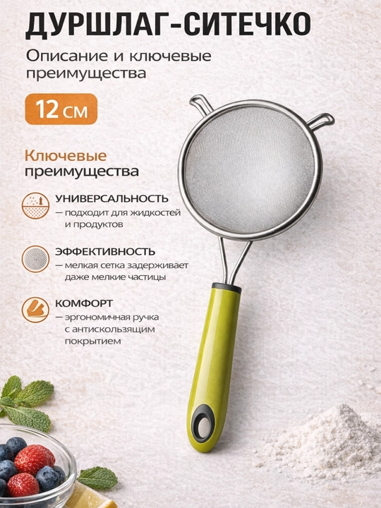 Дуршлаг, сито стальное с ободком, сито с ручкой, для кухни, дополнительное крепление - 