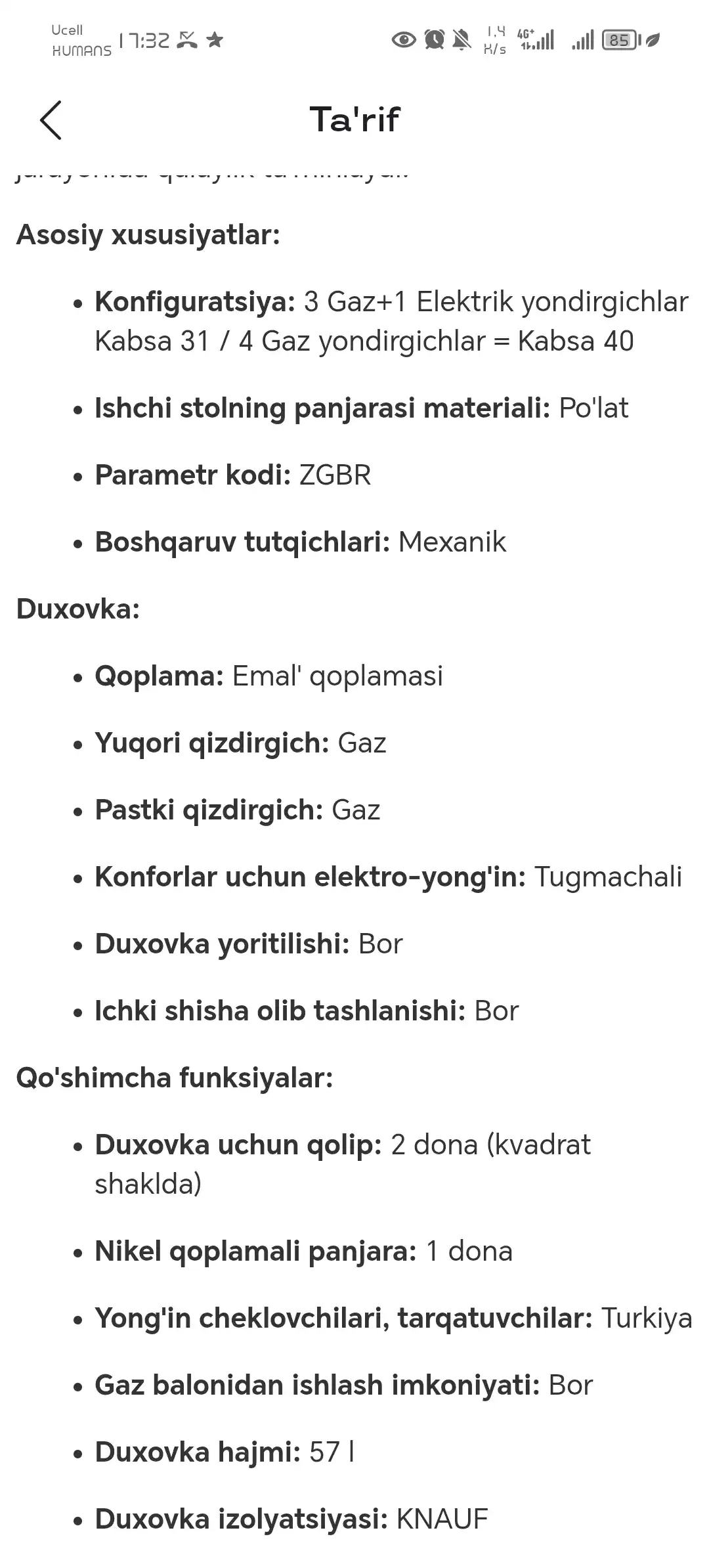 Gaz plitasi Rosso Kabsa Prime , 4 gaz, 1 ta elektr va 3 ta gaz