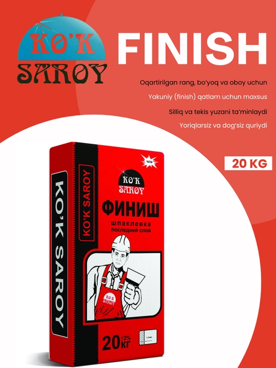 KO‘K SAROY finish pardoz shpaklyovkasi, 20 kg - mukammal tekis devorlar uchun