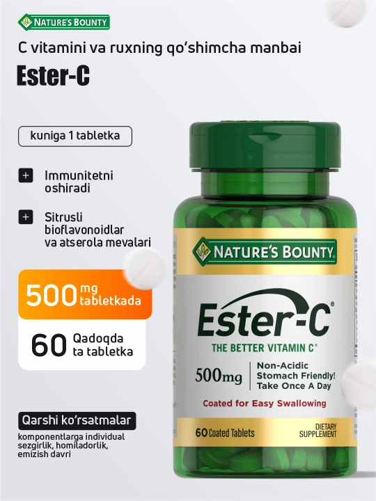 C vitamini Ester-S 500 mg Nature’s Bounty, immunitetni mustahkamlash, antioksidant yordam