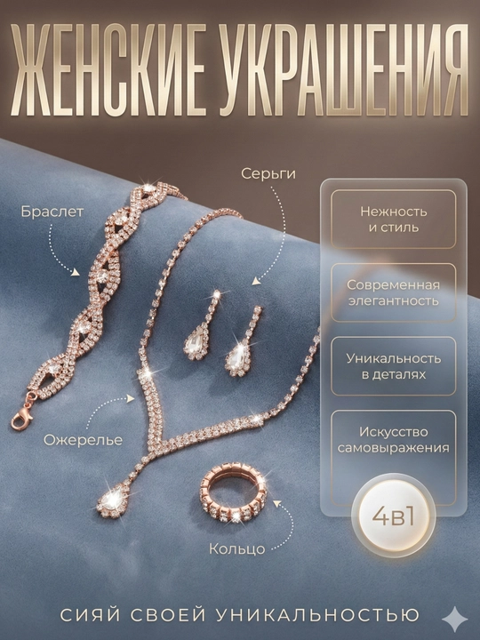 Набор украшений 4 в 1, 3 в 1 , серьги, кольцо, браслет, цепочка - 