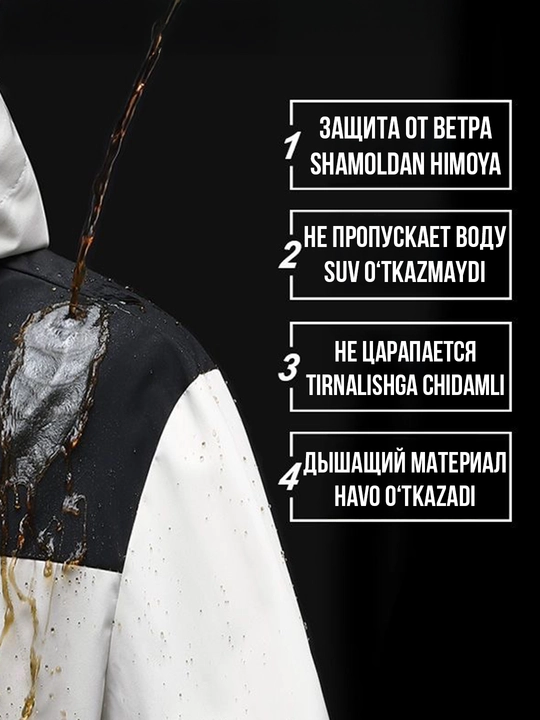 Qishki kapyushonli kurtka — suv o‘tkazmaydigan, issiq, kontrast dizaynli