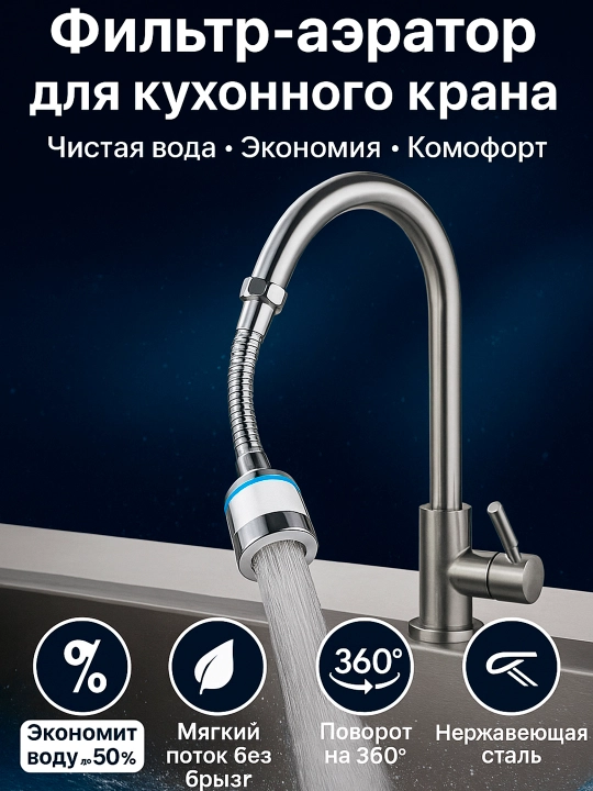 Filtr va bosimni oshirish funksiyasiga ega moslashuvchan kran nozuli