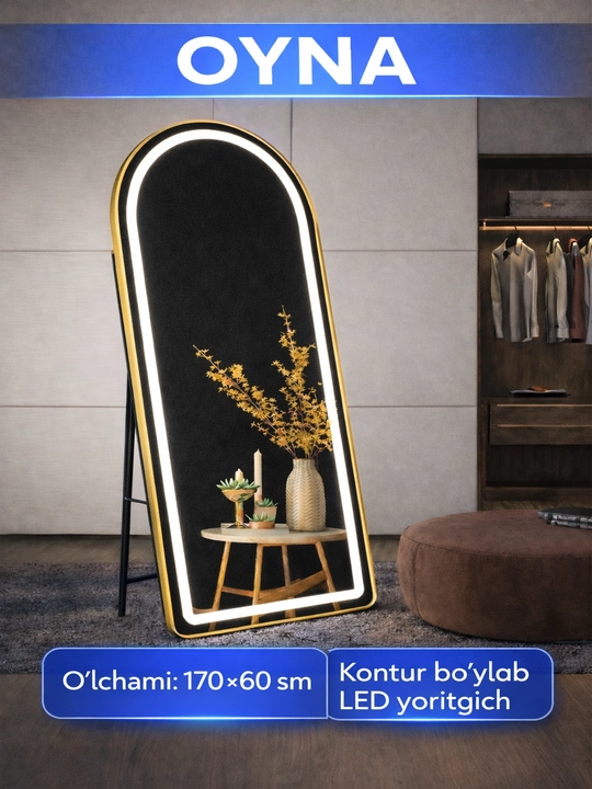 LED oyna 170×60 sm, yoritgichli polga qo‘yiladigan oyna
