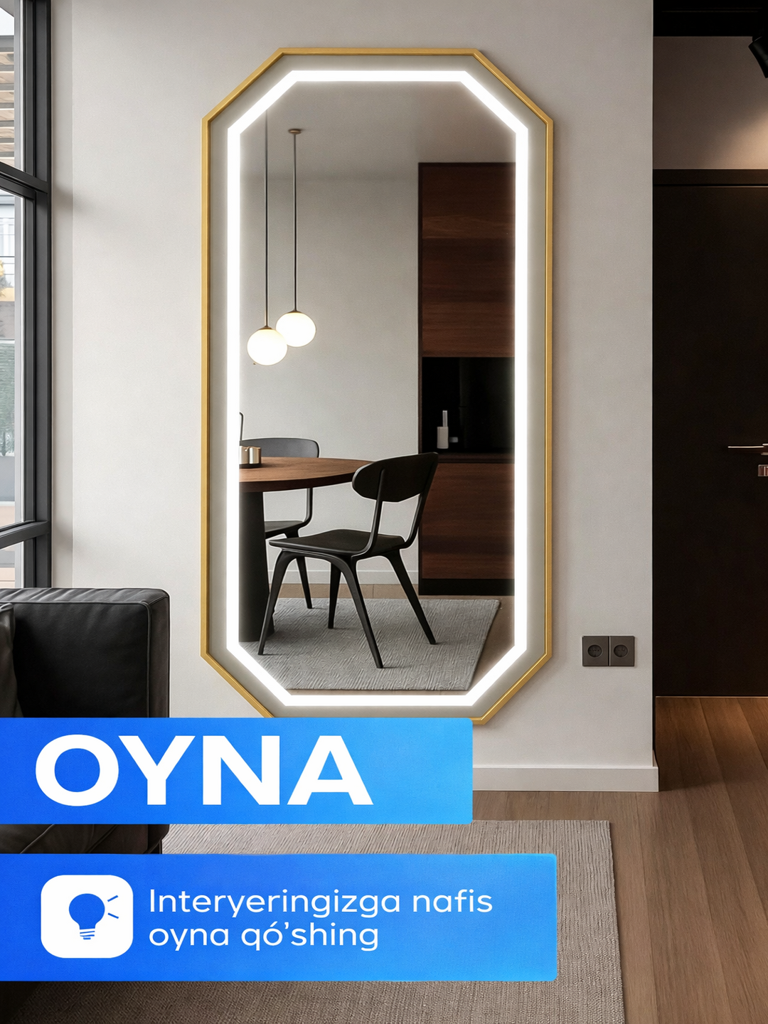 LED oynasi 170×60 sm, frontal yoritgichli, 3 rejimli - 