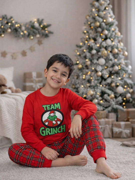"Grinch" o‘g‘il va qiz bolalar pijamasi, yangi yil to‘plami, katakli shimli paxtali pijama