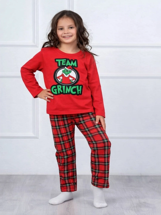 "Grinch" o‘g‘il va qiz bolalar pijamasi, yangi yil to‘plami, katakli shimli paxtali pijama