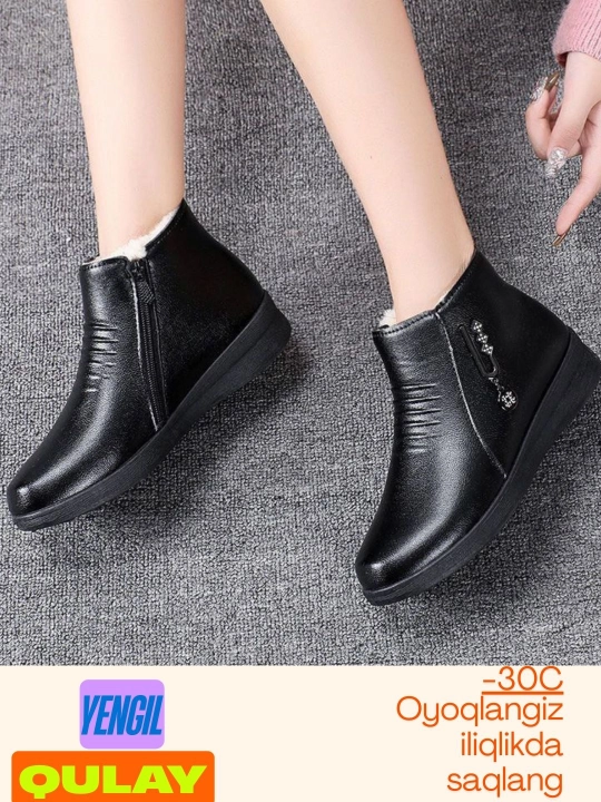 Ayollar uchun qalin mo'ynali etik, kalta eco charm mustahkam etik 35/41