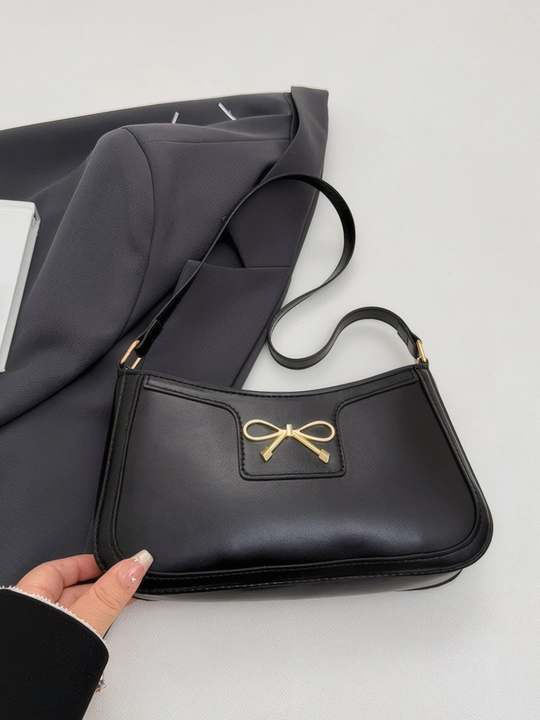 Ayollar uchun mini sumka, qora, yelka orqali taqiladigan, dekorativ bantikli crossbody