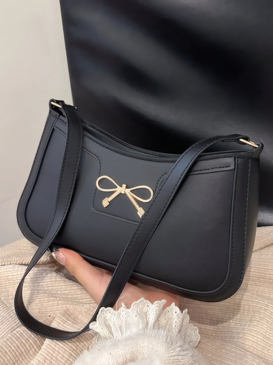 Ayollar uchun mini sumka, qora, yelka orqali taqiladigan, dekorativ bantikli crossbody