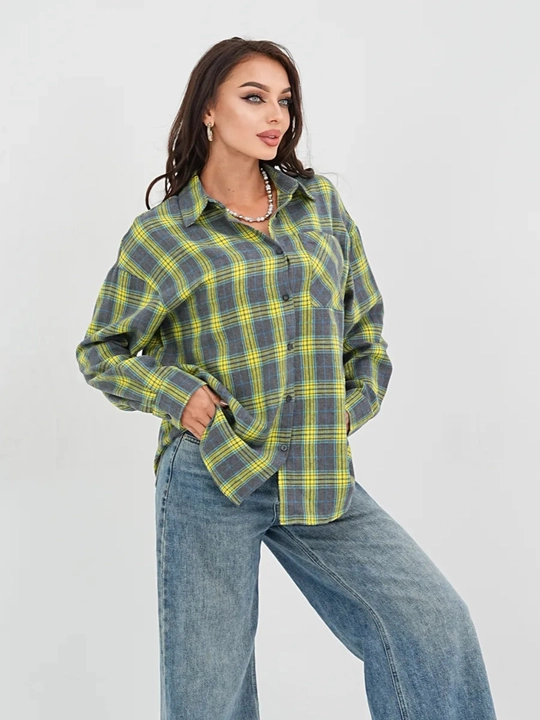Ayollar uchun oversize katakli ko‘ylak, uzun yengli, uslubiy, kundalik