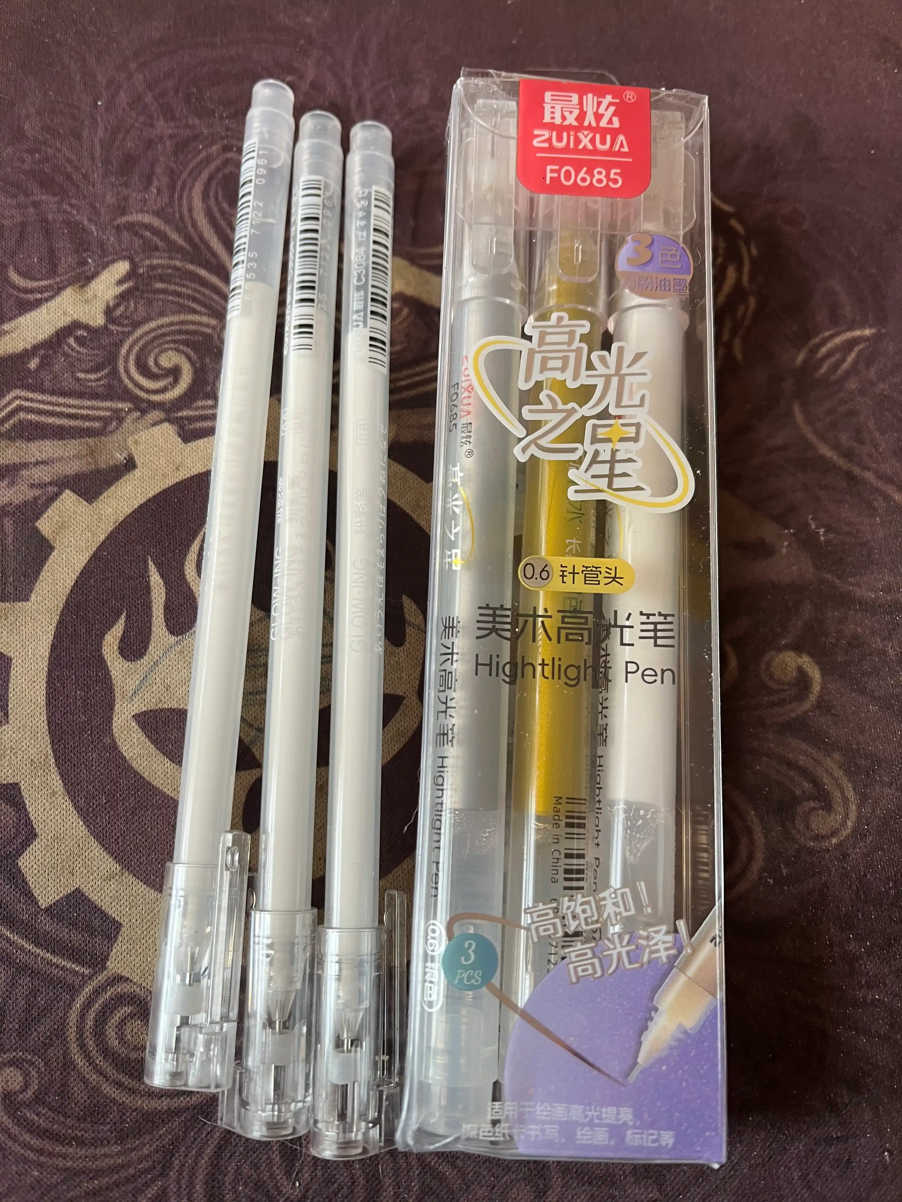 Gelli ruchkalar to‘plami, 0,6 mm, oq, oltin va kumush rangli, akril gel, 3 dona/to‘plam