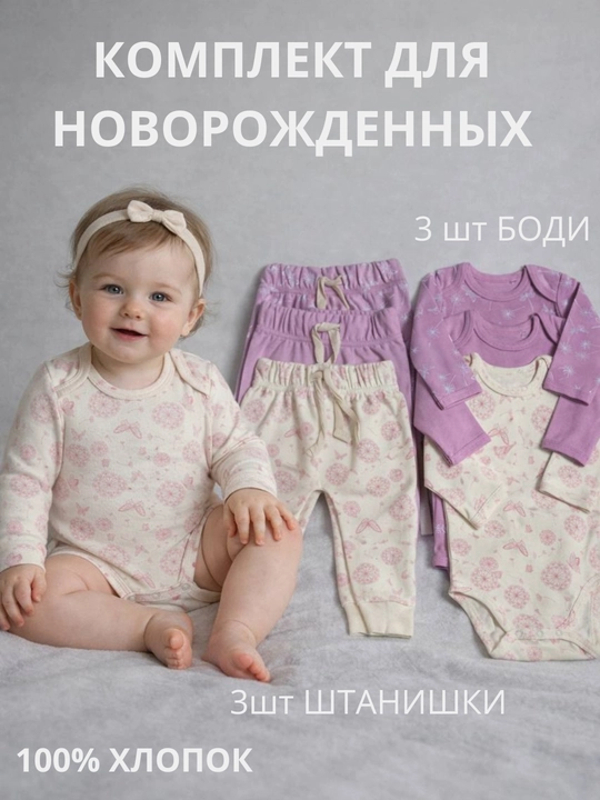 Детская одежда, боди и штанишки,комплект 6 шт хлопок, для новорожденных от 6-18 месяцев