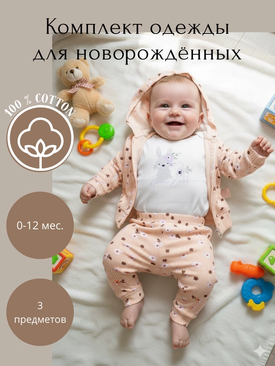 Bodi komplekt, uchtalik (troyka) kostyum chaqaloqlar uchun - bodi, hudi, ishtoncha