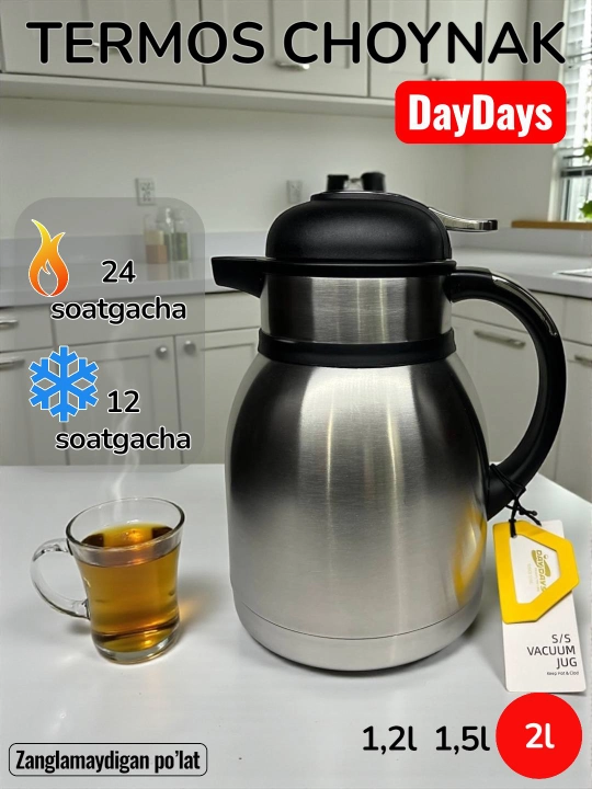Termos-choynak DAY DAYS zanglamaydigan po‘latdan tayorlangan hajmlar 1.2 l, 1.5 l va 2.0 l - 