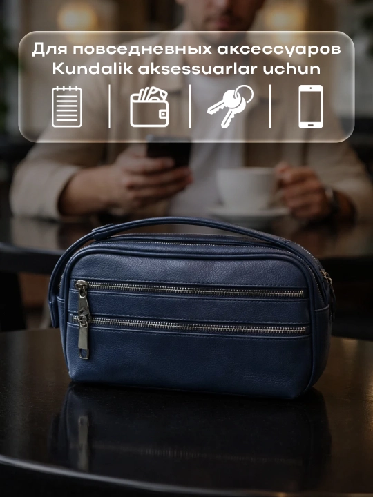 Erkaklar uchun charm barsetka, hujjatlar uchun ixcham sumka, ruchkali