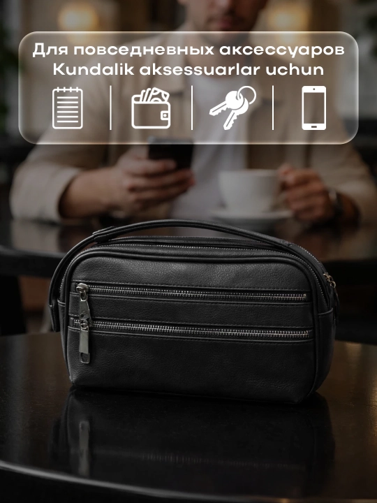 Erkaklar uchun charm barsetka, hujjatlar uchun ixcham sumka, ruchkali