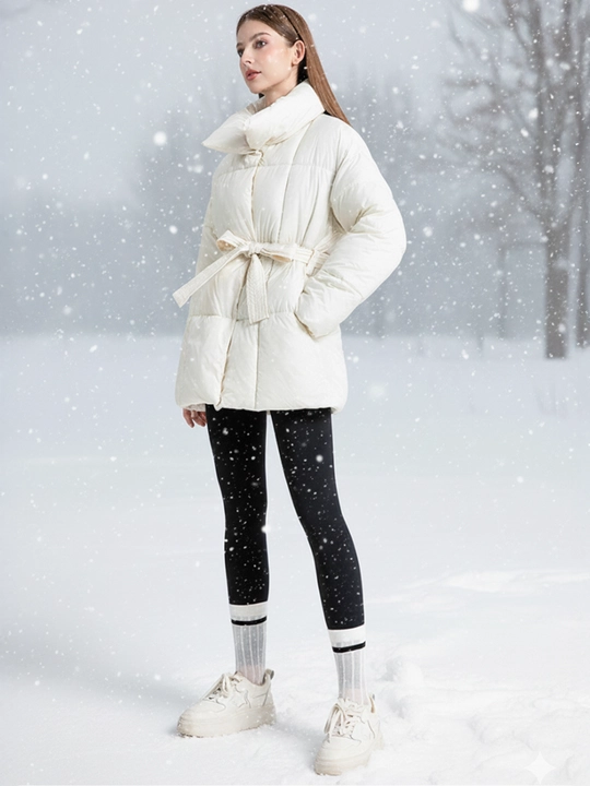 Ayollar uchun issiq, belbog‘li, yengil ayollar kurtkasi – keng yoqali va tikuvli dizaynda