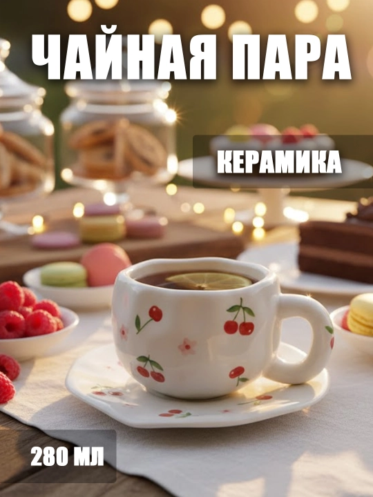 Чайная пара, 280 мл, керамическая кружка с блюдцем для чая, кофе, капучино и латте - 