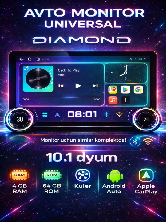 Авто монитор Tesla, Diamond X80 2K, 10.1 дюйма 2+32 ГБ, WiFi кулер - 