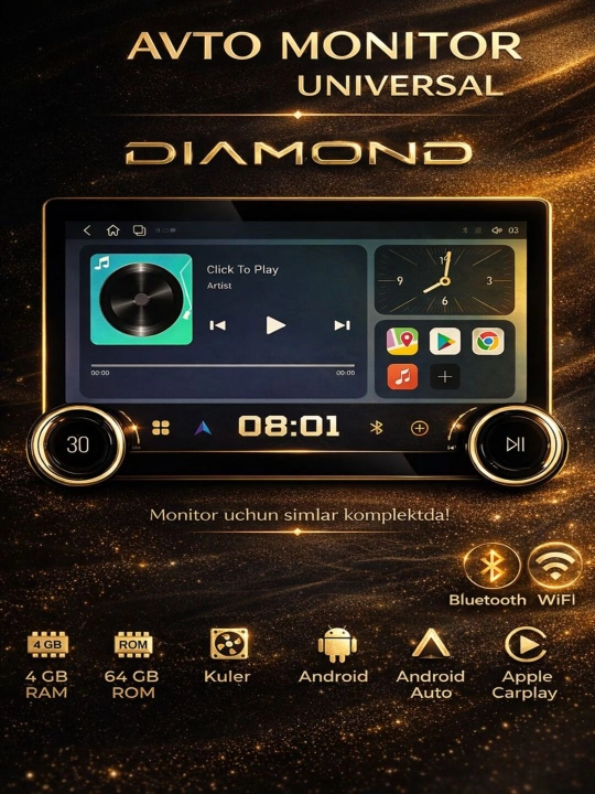 Авто монитор Tesla, Diamond X80 2K, 10.1 дюйма 2+32 ГБ, WiFi кулер