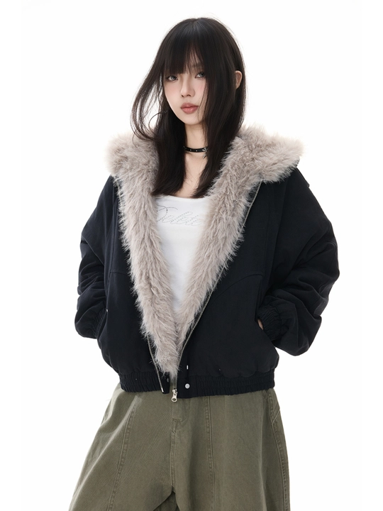 MIYO vintage uslubidagi kapyushonli, mo‘ynali yoqali, qalin, uniseks oversize kurtka