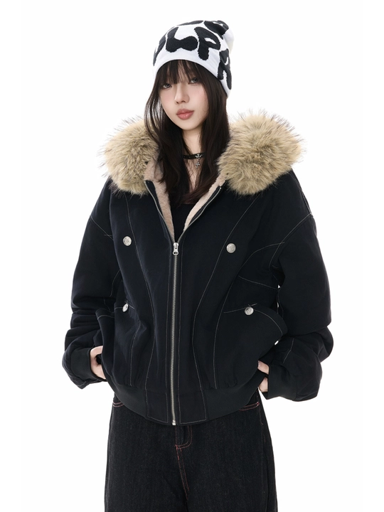 MIYO vintage uslubidagi kapyushonli, mo‘ynali yoqali, qalin, uniseks oversize kurtka