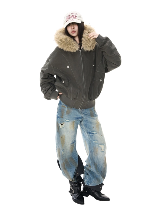 MIYO vintage uslubidagi kapyushonli, mo‘ynali yoqali, qalin, uniseks oversize kurtka