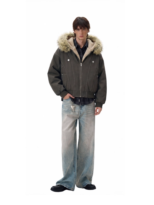 MIYO vintage uslubidagi kapyushonli, mo‘ynali yoqali, qalin, uniseks oversize kurtka