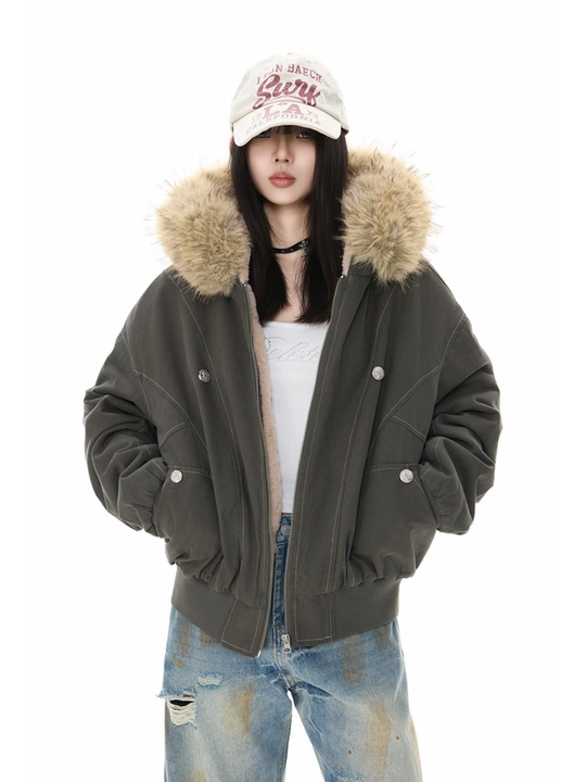 MIYO vintage uslubidagi kapyushonli, mo‘ynali yoqali, qalin, uniseks oversize kurtka