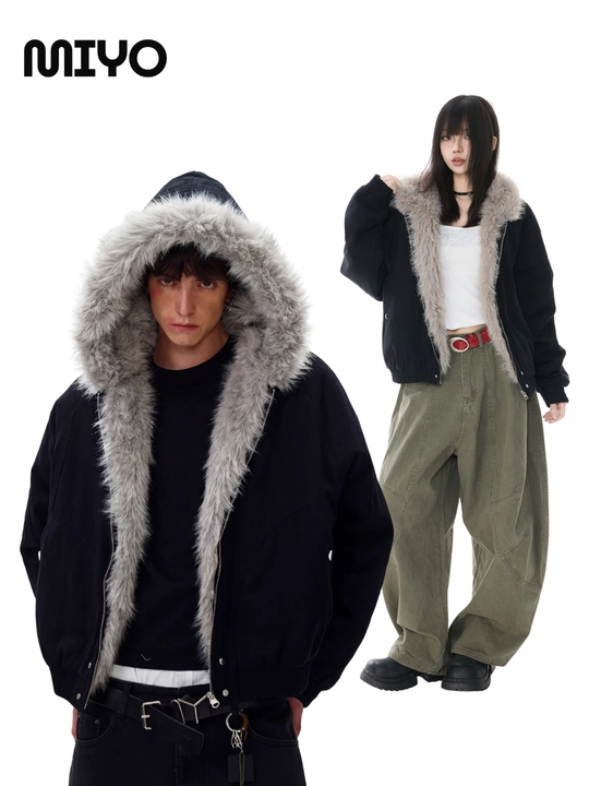 MIYO vintage uslubidagi kapyushonli, mo‘ynali yoqali, qalin, uniseks oversize kurtka - 