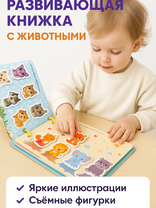 Kichkintoylar uchun "Juftini top" rivojlantiruvchi kitobi - Yopishqoq narsalar bilan o‘rgatuvchi o‘yin - Hayvonlar - 