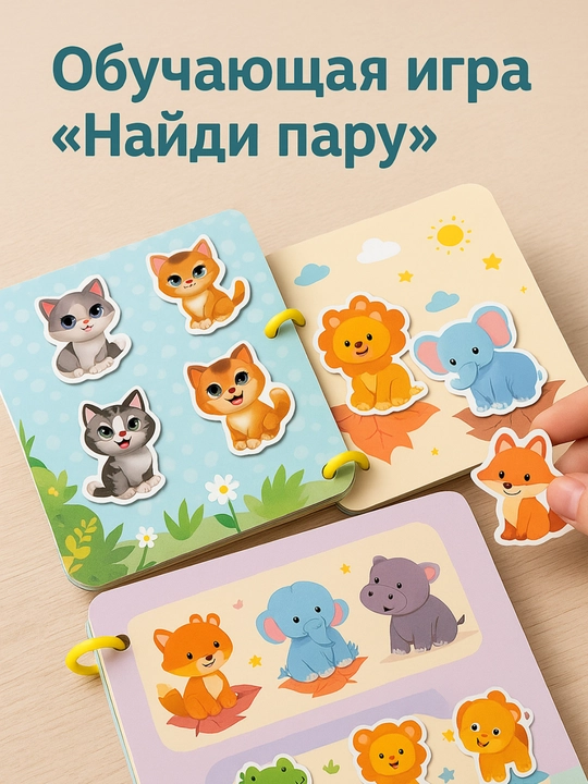 Развивающая книжка для малышей «Найди пару» - Обучающая игра с липучками - Животные