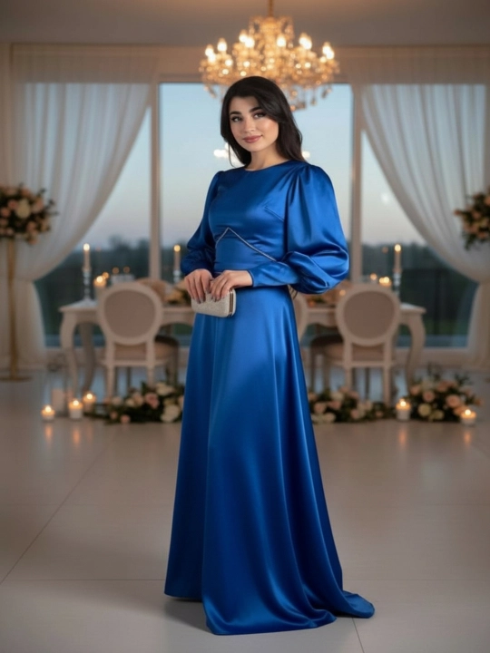 Ayollar uchun uzun atlas ko‘ylak – bayramona, beli bog‘lamali, uzun yengli, elegant libos