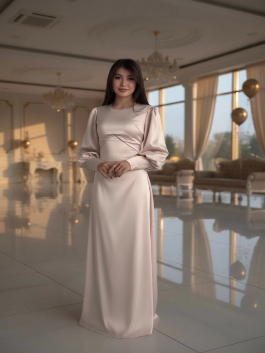 Ayollar uchun uzun atlas ko‘ylak – bayramona, beli bog‘lamali, uzun yengli, elegant libos
