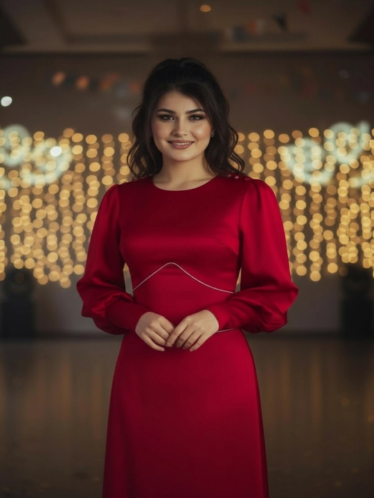 Ayollar uchun uzun atlas ko‘ylak – bayramona, beli bog‘lamali, uzun yengli, elegant libos