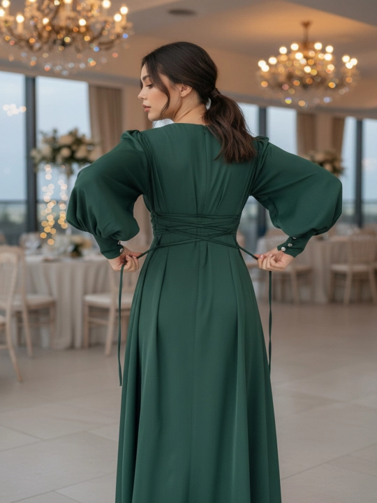 Ayollar uchun uzun atlas ko‘ylak – bayramona, beli bog‘lamali, uzun yengli, elegant libos