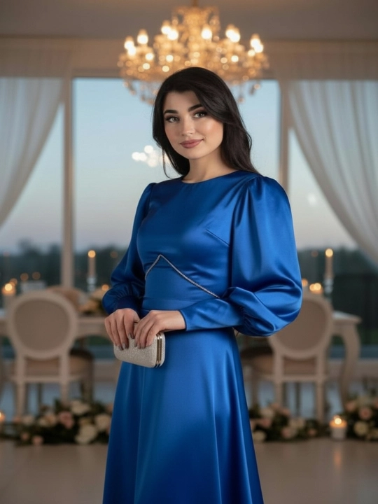 Ayollar uchun uzun atlas ko‘ylak – bayramona, beli bog‘lamali, uzun yengli, elegant libos