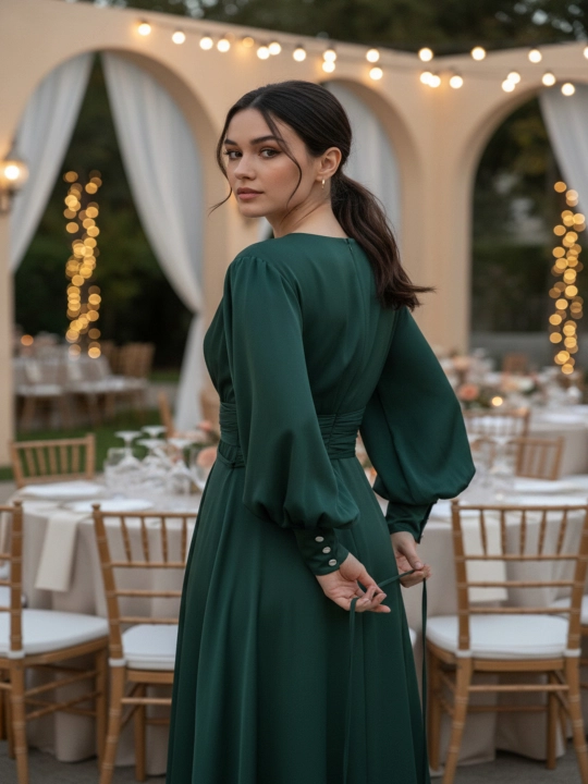 Ayollar uchun uzun atlas ko‘ylak – bayramona, beli bog‘lamali, uzun yengli, elegant libos